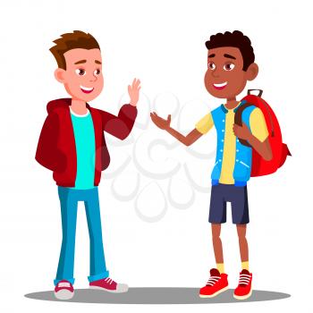 Caucasian Boy And Black Boy Greet Each Other, Friendship Vector. Multiracial. European And Afro American. Isolated Illustration