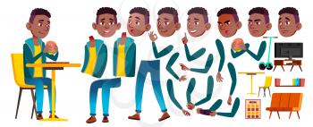 Boy Schoolboy Kid Vector. Black. Afro American. High School Child. Animation Creation Set. Face Emotions, Gestures. Classmate. Teenager, Classroom Room Animated Isolated Cartoon Illustration
