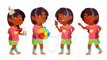 Girl Kindergarten Kid Poses Set Vector. Indian, Hindu. Asian. Pretty Positive Baby. Leisure. Playground. For Postcard, Announcement Cover DesignIsolated Illustration