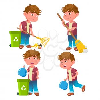 Boy Kindergarten Kid Poses Set Vector. Emotional Character. Helping On The Garden. Cleaning. Garbage Collection, Recycling. For Presentation, Invitation, Card Design. Isolated Illustration