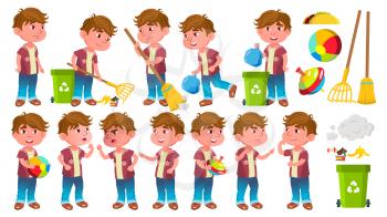 Boy Kindergarten Kid Poses Set Vector. Little Child. Helping On The Garden. Cleaning. Lifestyle. For Advertising, Placard, Print Design. Isolated Illustration
