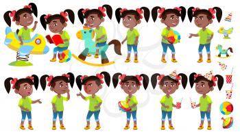 Girl Kindergarten Kid Poses Set Vector. Black. Afro American. Emotional Character Playing. Having Fun On Playground. For Presentation, Invitation Design. Isolated Cartoon Illustration