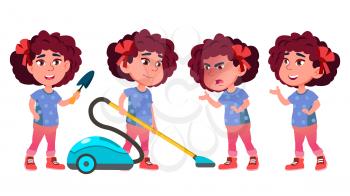 Girl Kindergarten Kid Poses Set Vector. Playful Positive Small Baby Helping At Home. For Presentation, Print, Invitation Design. Isolated Illustration