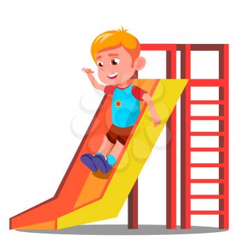 Little Boy Having Fun On The Slide Vector. Illustration