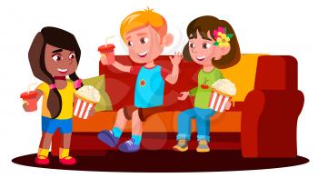 Children Sitting On The Sofa With Popcorn And Drinks Vector. Illustration