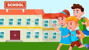 Running Children With Backpacks On The Background Of The School Building Vector. Illustration