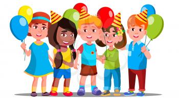 Happy Children In Party Caps With Balloons Background Vector. Illustration