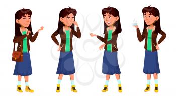 Asian Teen Girl Poses Set Vector. Funny, Friendship. For Advertisement, Greeting, Announcement Design. Isolated Illustration