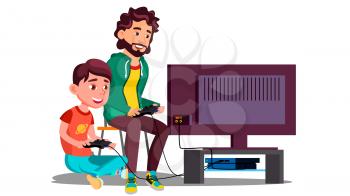 Father And Son Play Video Games Sitting Together Vector. Illustration