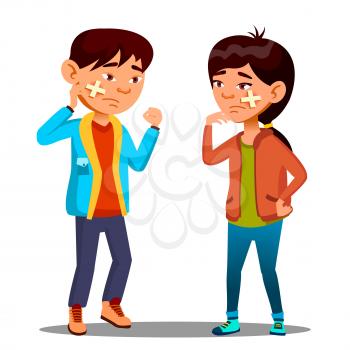 Sad Asian Child Girl, Boy With Cross With Scratch And Cross Medical Patch On Cheek Vector. Isolated Illustration