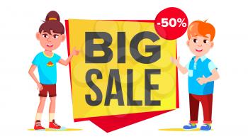 Big Sale Banner Vector. School Children, Pupil. Kid Pointing. Website Stickers, Color Web Page Design. Isolated Illustration