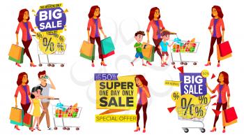 Shopping Woman Set Vector. People In Mall. Family, Children. Purchasing Concept. Happy Shopper. Holding Paper Packages, Bags. Pleasure Of Purchase. Business Isolated Illustration