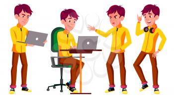 Teen Boy Poses Set Vector. Funny, Friendship. Laptop, Music. For Advertisement, Greeting Announcement Design Isolated Illustration