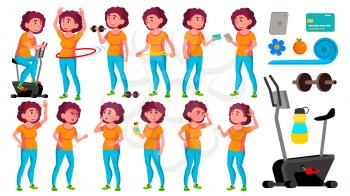 Fat Teen Girl Poses Set Vector. Friendly, Cheer. Diet, Fitness, Health. For Banner, Flyer Brochure Design Isolated Illustration
