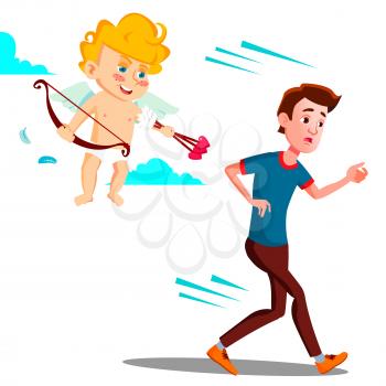 Frightened Teen Guy Running From Valentine s Day Cupid Vector. Isolated Illustration