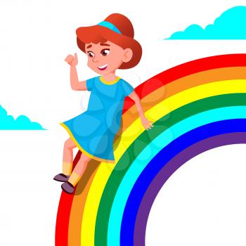 Happy Child Girl Rolling Down The Rainbow Vector. Isolated Illustration