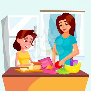 Daughter Helps Her Mother Cooking Together In The Kitchen Vector. Illustration