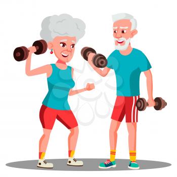 Elderly Couple Doing Sports With Dumbbells Together Vector. Illustration