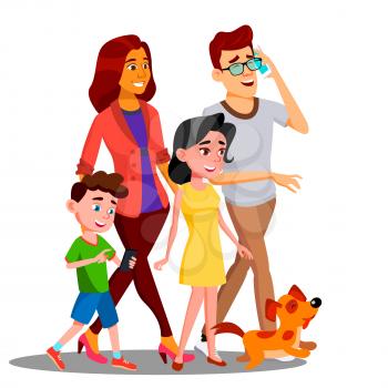 Family Walking, Spending Time Together Outdoor Vector. Illustration
