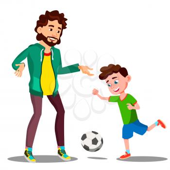 Father Playing Football With His Little Son On The Grass Vector. Illustration