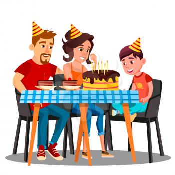 Birthday Of Child, Family Sitting At The Party Table With A Cake Vector. Illustration