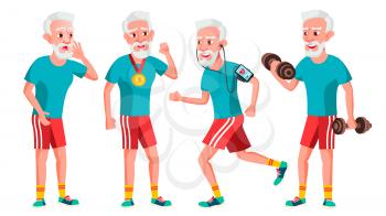 Old Man Poses Set Vector. Elderly People. Senior Person. Sport, Fitness. Aged. Positive Pensioner. Advertising, Placard, Print Design Isolated Cartoon Illustration