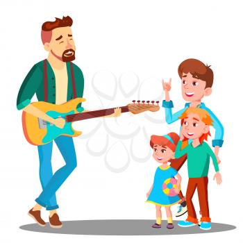 Father Plays The Guitar For Children Vector. Illustration