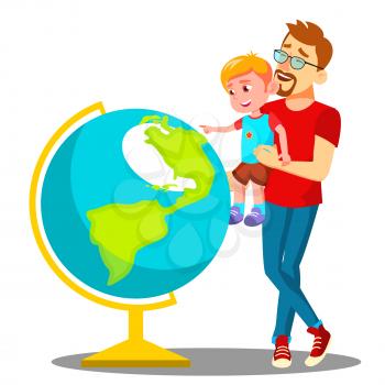 Father And Son Looking At The Globe Vector. Illustration