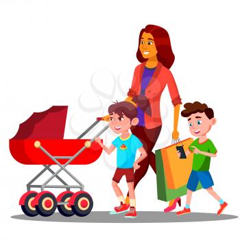 Mother Walking With A Baby Stroller Vector. Illustration