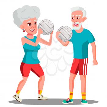 Active Elderly Man And Woman Playing Ball Vector. Illustration