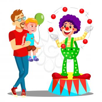 Father And Son In Amusement Park Vector. Clown. Illustration