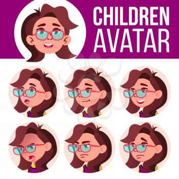 Girl Avatar Set Kid Vector. Primary School. Face Emotions. Emotions, Emotional. Friendly, Weeping Head Illustration