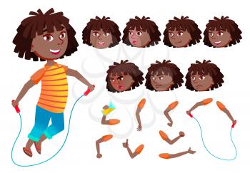 Girl, Child, Kid, Teen Vector. Black. Afro American. Teenager, Education. Face Emotions Various Gestures Animation Creation Set Isolated Flat Cartoon Illustration