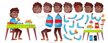 Boy Schoolboy Kid Vector. Black. Afro American. High School Child. Animation Creation Set. Face Emotions, Gestures. Children. For Web, Poster Design Animated Illustration