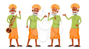 Indian Old Man Poses Set Vector. Hindu. Asian. Elderly People. Senior Person. Aged. Lifestyle. Postcard, Cover Placard Design Isolated Illustration