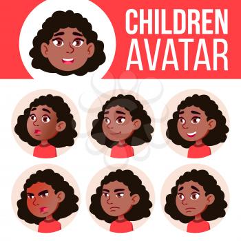 Girl Avatar Set Kid Vector. Black. Afro American. Primary School. Face Emotions. Flat, Portrait. Youth, Caucasian Colorful Design Head Illustration