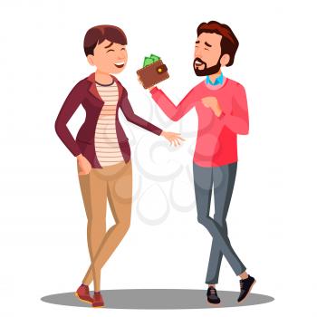 Man And Woman Talking About Family Budget With Money Vector. Illustration