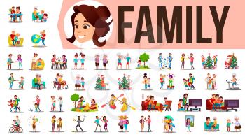 Family Set Vector. Lifestyle Situations. Spending Time Together At Home, Outdoor. Isolated Cartoon Illustration