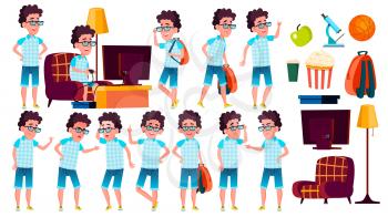 Boy Schoolboy Kid Poses Set Vector. High School Child. Young People, Face, Cheerful. For Postcard, Cover, Placard Design. Isolated Illustration