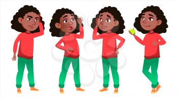 Girl Schoolgirl Kid Poses Set Vector. Black. Afro American. High School Child. Schoolchild. September, Schoolchildren, Teen. For Web, Poster Booklet Design Isolated Illustration