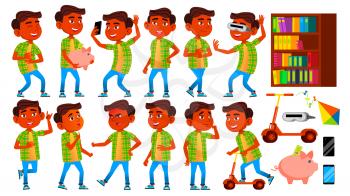 Boy Schoolboy Kid Poses Set Vector. Indian, Hindu. Asian. Primary School Child. Education. Subject. Schoolchildren, Teen. For Presentation Print Invitation Design Isolated Cartoon Illustration