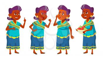 Indian Old Woman Set Vector. Elderly People. Hindu. Asian In Sari. Senior Person. Aged. Funny Pensioner. Leisure. Postcard, Announcement Cover Design Isolated Illustration