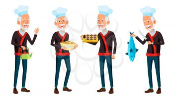 Asian Old Man Poses Set Vector. Elderly Chef In Restaurant. Rolls, Fish. Senior Person. Aged. Funny Announcement, Cover Design. Isolated Illustration