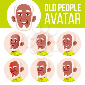 Old Man Avatar Set Vector. Black. Afro American. Face Emotions. Senior Person Portrait. Elderly People. Aged. Emotional. Cartoon Head Illustration