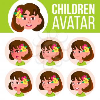 Girl Avatar Set Kid Vector. Kindergarten. Face Emotions. Portrait, User, Child. Junior, Pre-school, Kiddy Colorful Design Cartoon Head Illustration
