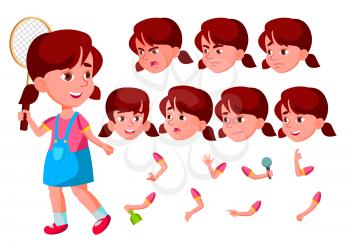 Girl, Child, Kid, Teen Vector. Schooler. Young. Face Emotions, Various Gestures. Animation Creation Set Isolated Flat Cartoon Character Illustration