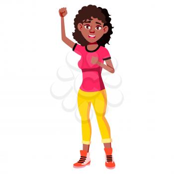 Teen Girl Poses Vector. Black. Afro American. Caucasian, Positive. For Presentation, Print, Invitation Design. Isolated Cartoon Illustration
