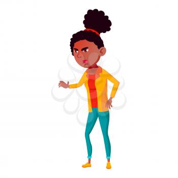 Teen Girl Poses Vector. Cute, Comic. Black. Afro American. Joy. For Postcard, Announcement, Cover Design. Isolated Cartoon Illustration