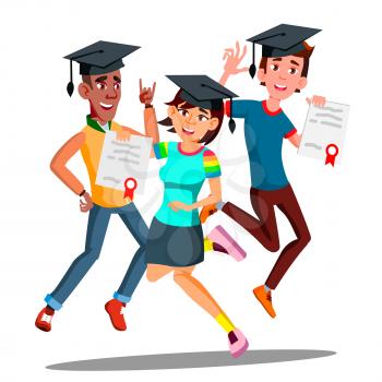 Group Of Happy Students In Graduation Caps Jumping Together Vector. Illustration