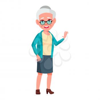Old Woman Poses Vector. Elderly People. Senior Person. Aged. Positive Pensioner. Advertising, Placard, Print Design. Isolated Cartoon Illustration